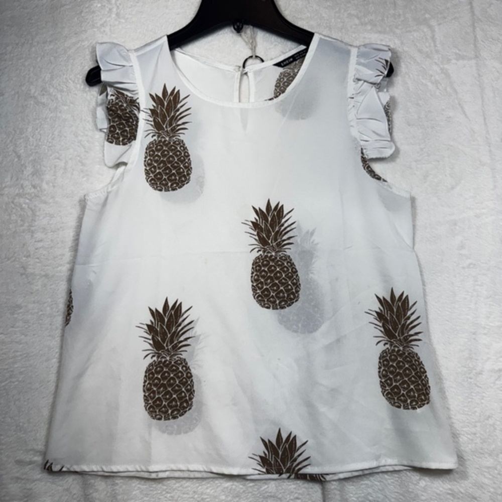 Shein Blouse Womens Size XS White Pineapple Print Chiffon Ruffles Vacation